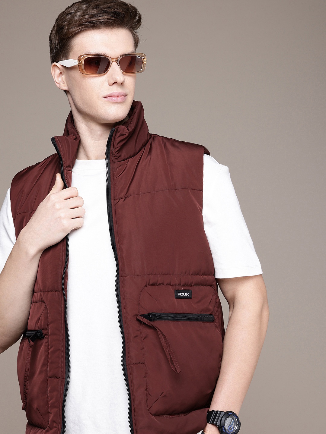 

FCUK Sleeveless Mock Collar Padded Jacket, Maroon