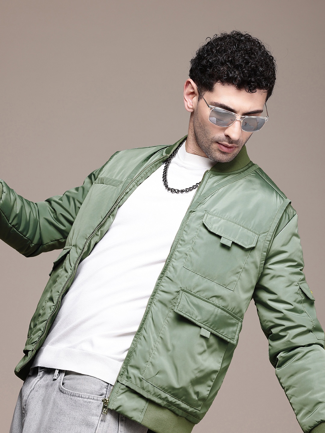 

FCUK Long Sleeves Mandarin Collar Bomber Jacket, Green