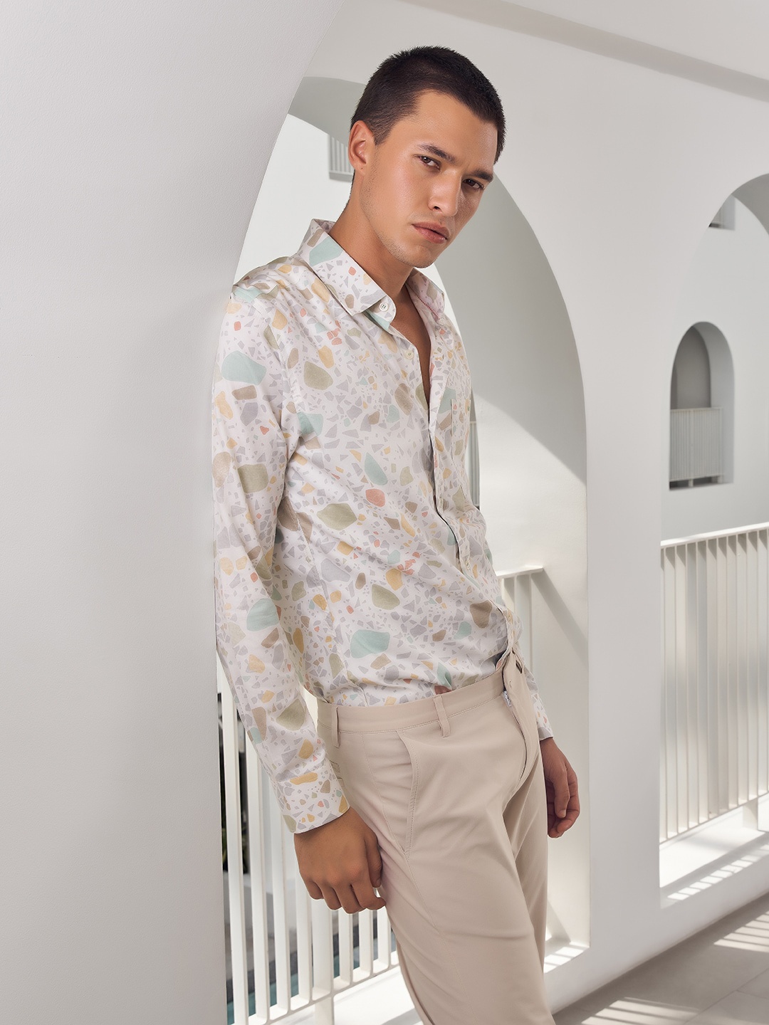 

Mufti Men Slim Fit Printed Spread Collar Cotton Casual Shirt, Off white