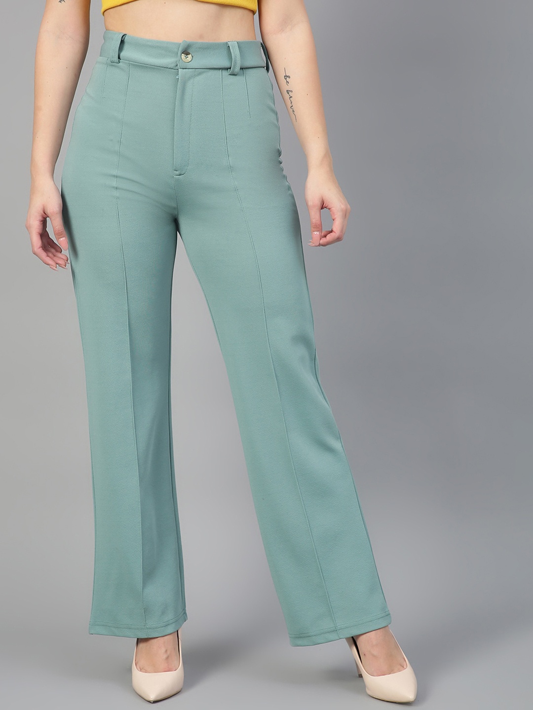 

KOTTY BIZwear Basics Women Relaxed Straight Leg Straight Fit High-Rise Easy Wash Trousers, Green