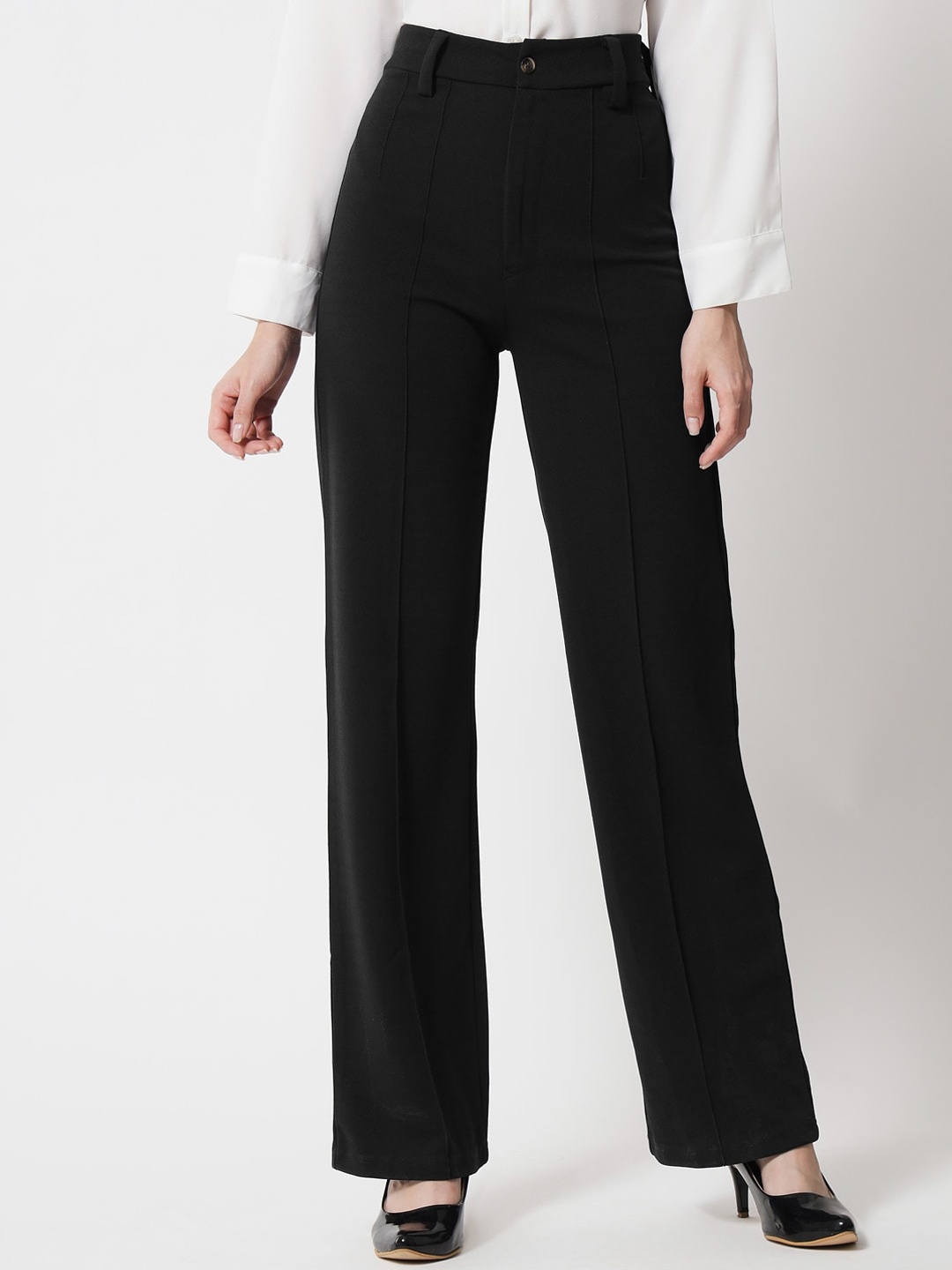 

KOTTY BIZwear Basics Women Relaxed Straight Leg Straight Fit High-Rise Parallel Trousers, Black