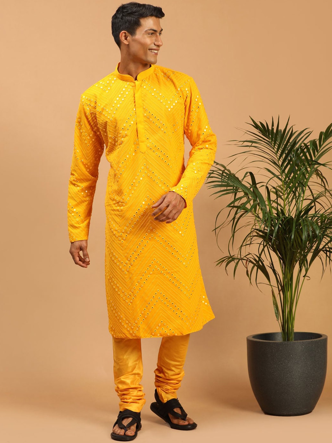 

VASTRAMAY Embroidered Regular Mirror Work Kurta & Churidar, Yellow