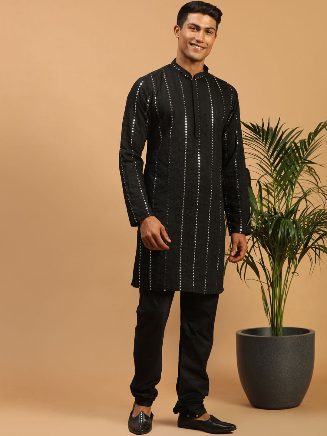 VASTRAMAY Embroidered Regular Mirror Work Kurta & Churidar, Black