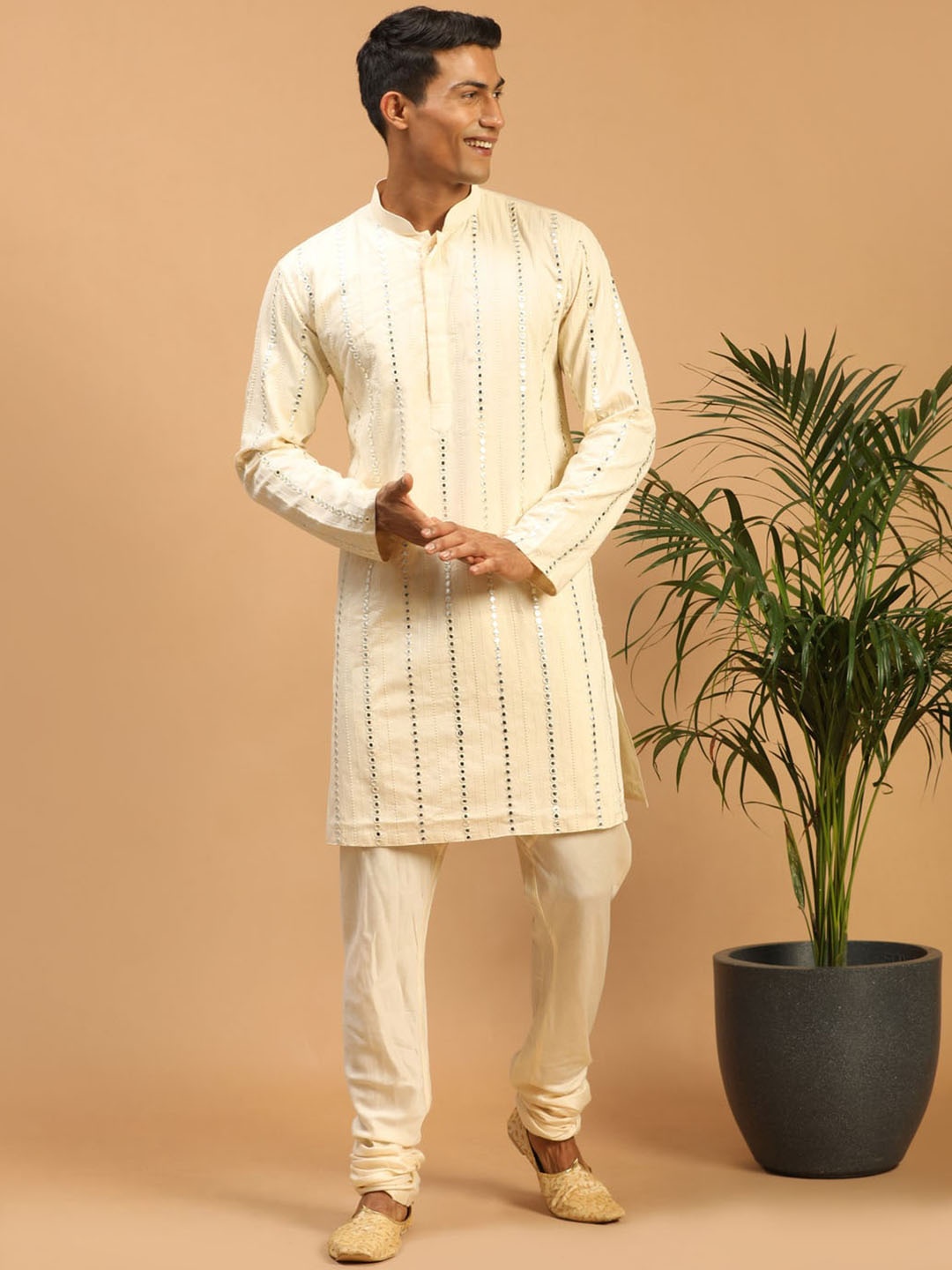 

VASTRAMAY Embroidered Regular Mirror Work Kurta & Churidar, Cream
