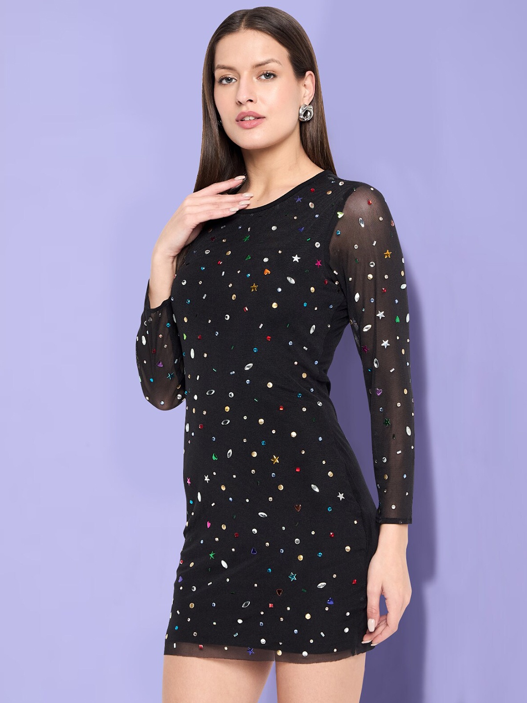 

Martini Embellished Net Round Neck Long Sleeves Sheath Mini Dress, Black