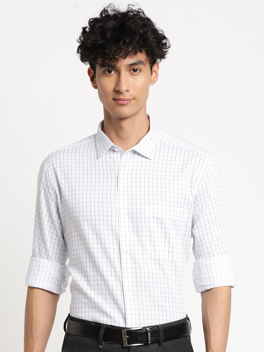 

Turtle Classic Slim Fit Grid Tattersall Checks Opaque Striped Formal Shirt, White