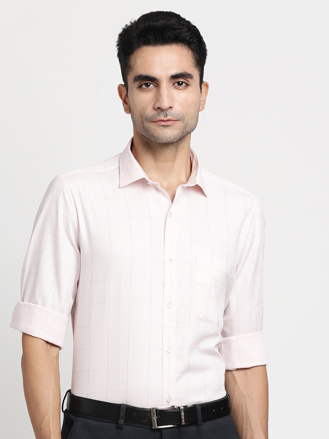 

Turtle Classic Spread Collar Slim Fit Grid Tattersall Checks Checked Cotton Formal Shirt, Pink