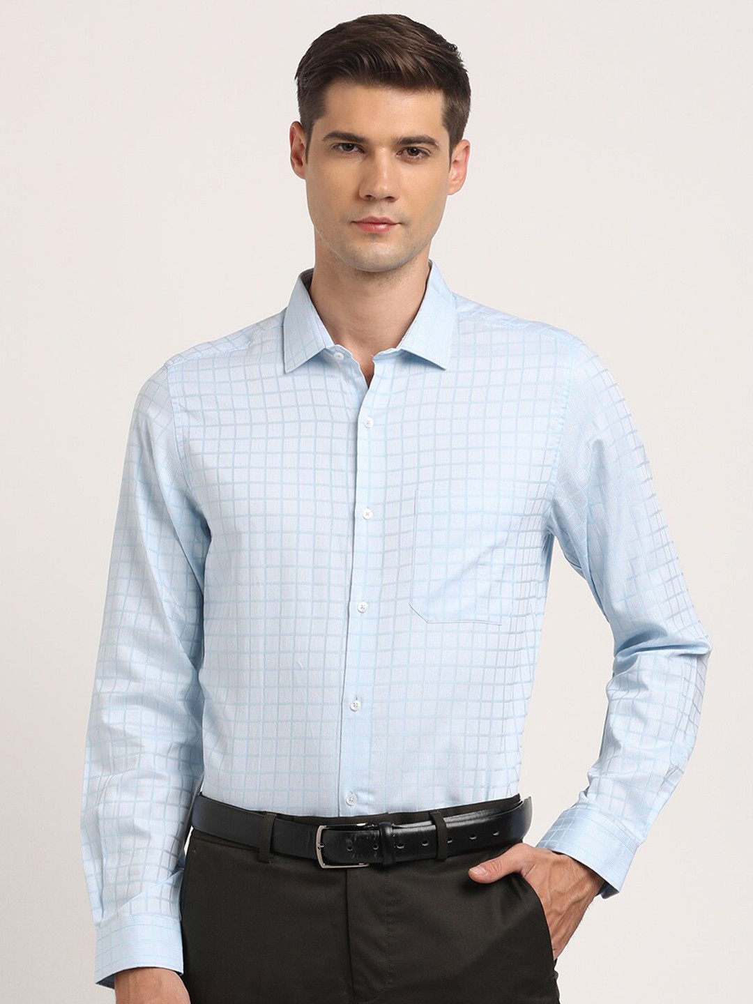 

Turtle Grid Tattersall Checks Checked Classic Slim Fit Cotton Formal Shirt, Blue