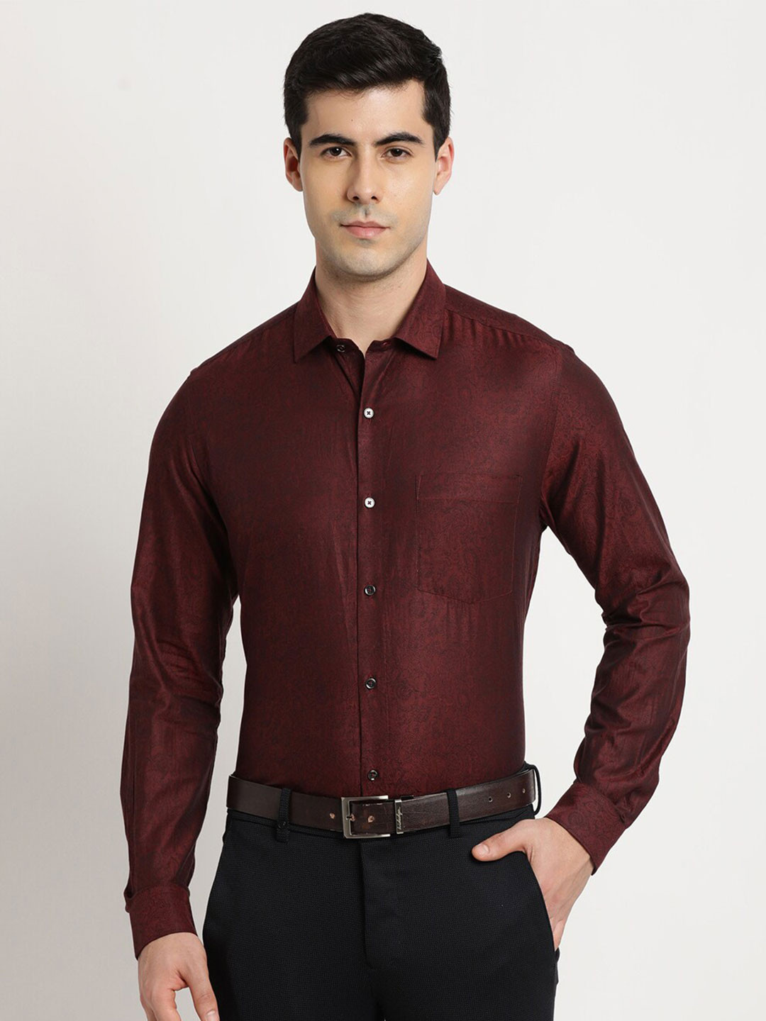 

Turtle Self Design Printed Classic Slim Fit Cotton Opaque Formal Shirt, Maroon