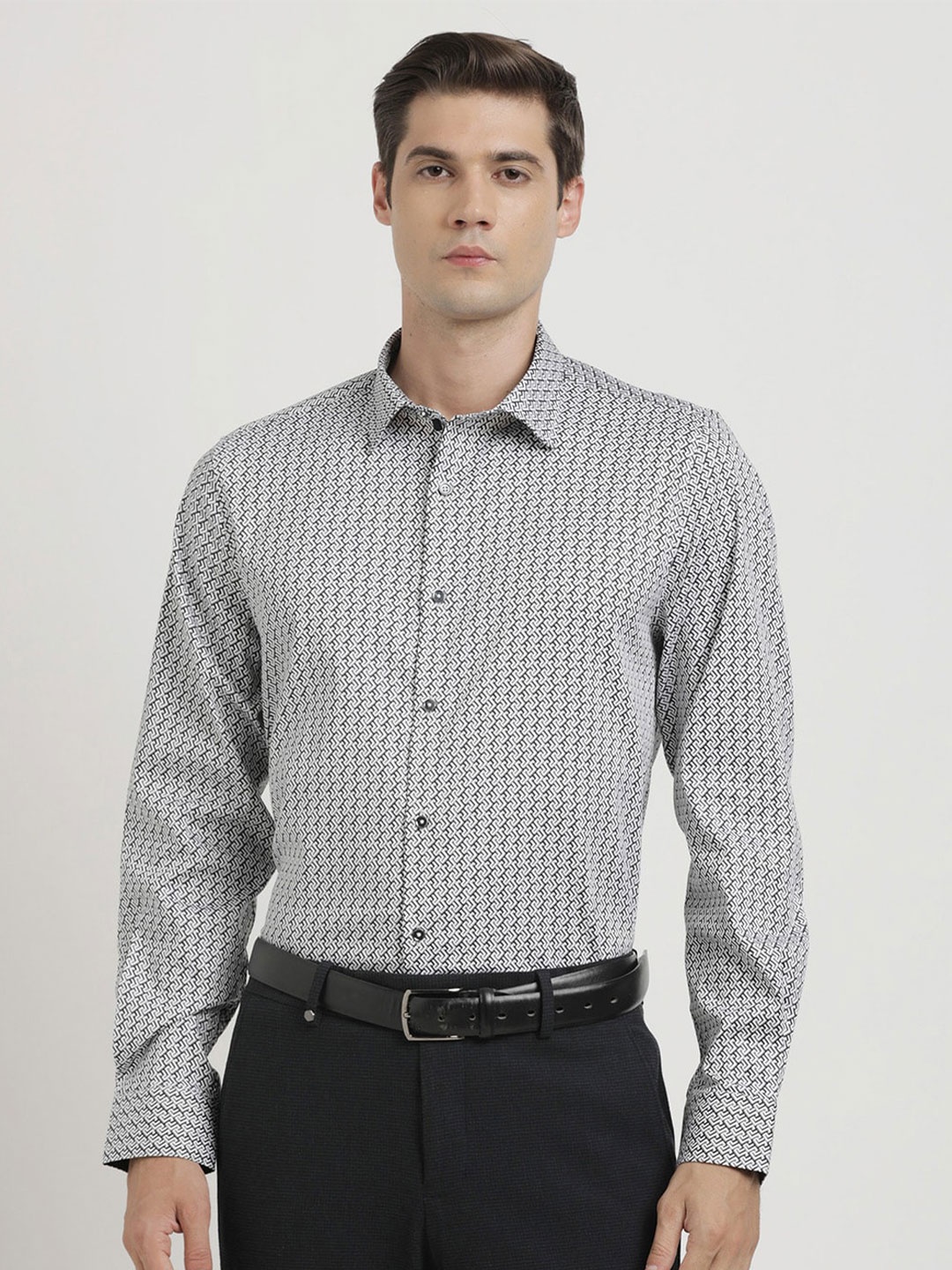 

Turtle Classic Slim Fit Long Sleeves Spread Collar Cotton Opaque Printed Party Shirt, Grey