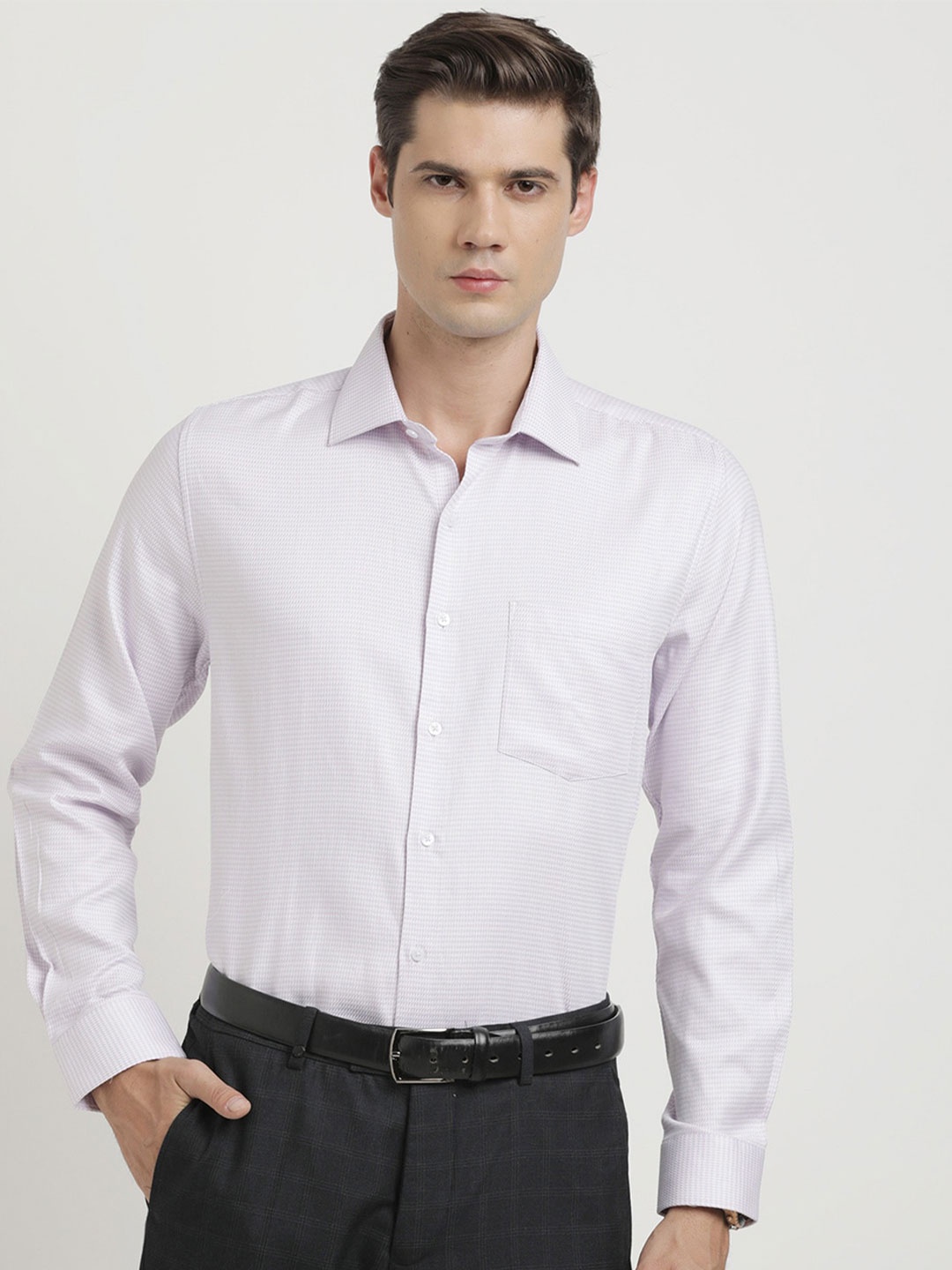 

Turtle Spread Collar Long Sleeves Classic Slim Fit Cotton Striped Formal Shirt, Purple