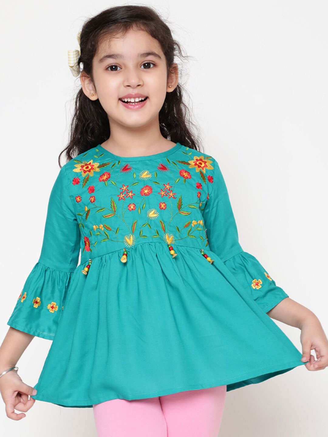 

BAESD Girls Floral Embroidered Bell Sleeves Longline A-Line Top, Green