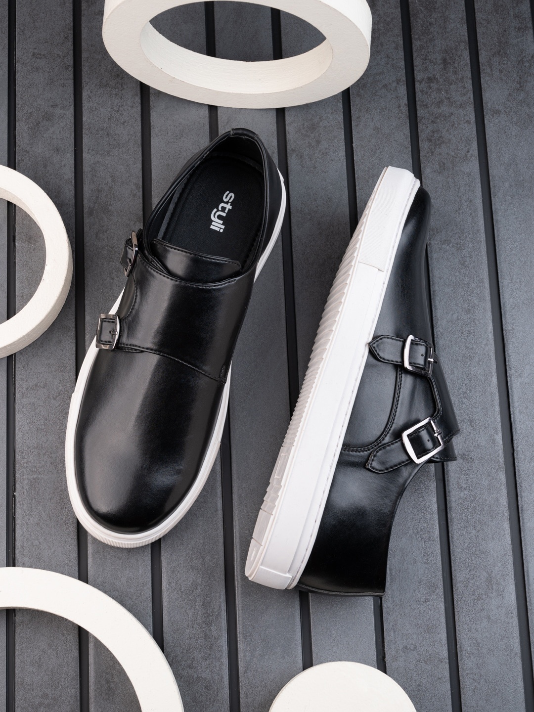 

Styli Men Black Comfort Insole Contrast Sole Monks
