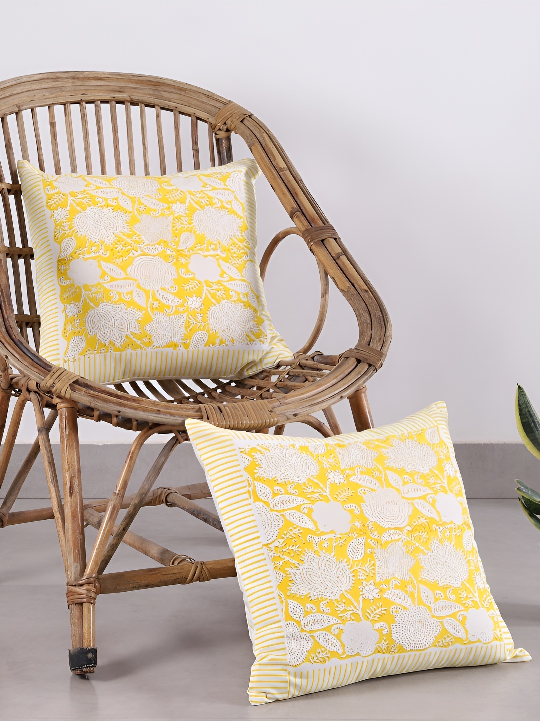 

HANDICRAFT PALACE Yellow & White 2 Pieces Cotton Floral Cotton Square Cushion Covers