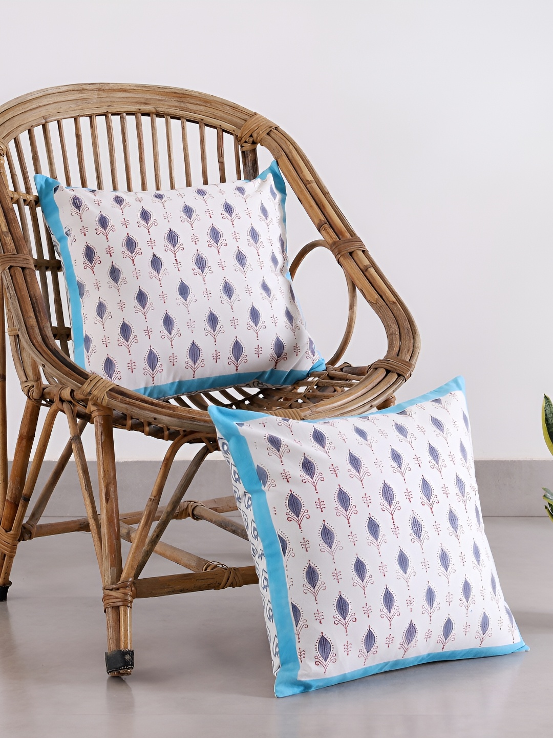 

HANDICRAFT PALACE White & Blue 2 Pieces Ethnic Motifs Cotton Square Cushion Covers