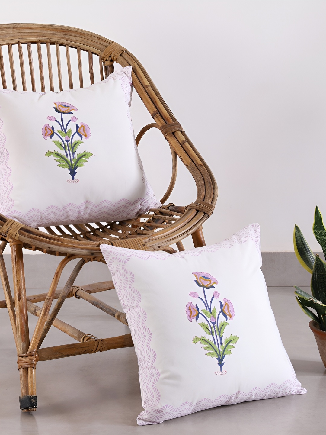 

HANDICRAFT PALACE White & Purple 2 Pieces Floral Square Cushion Covers