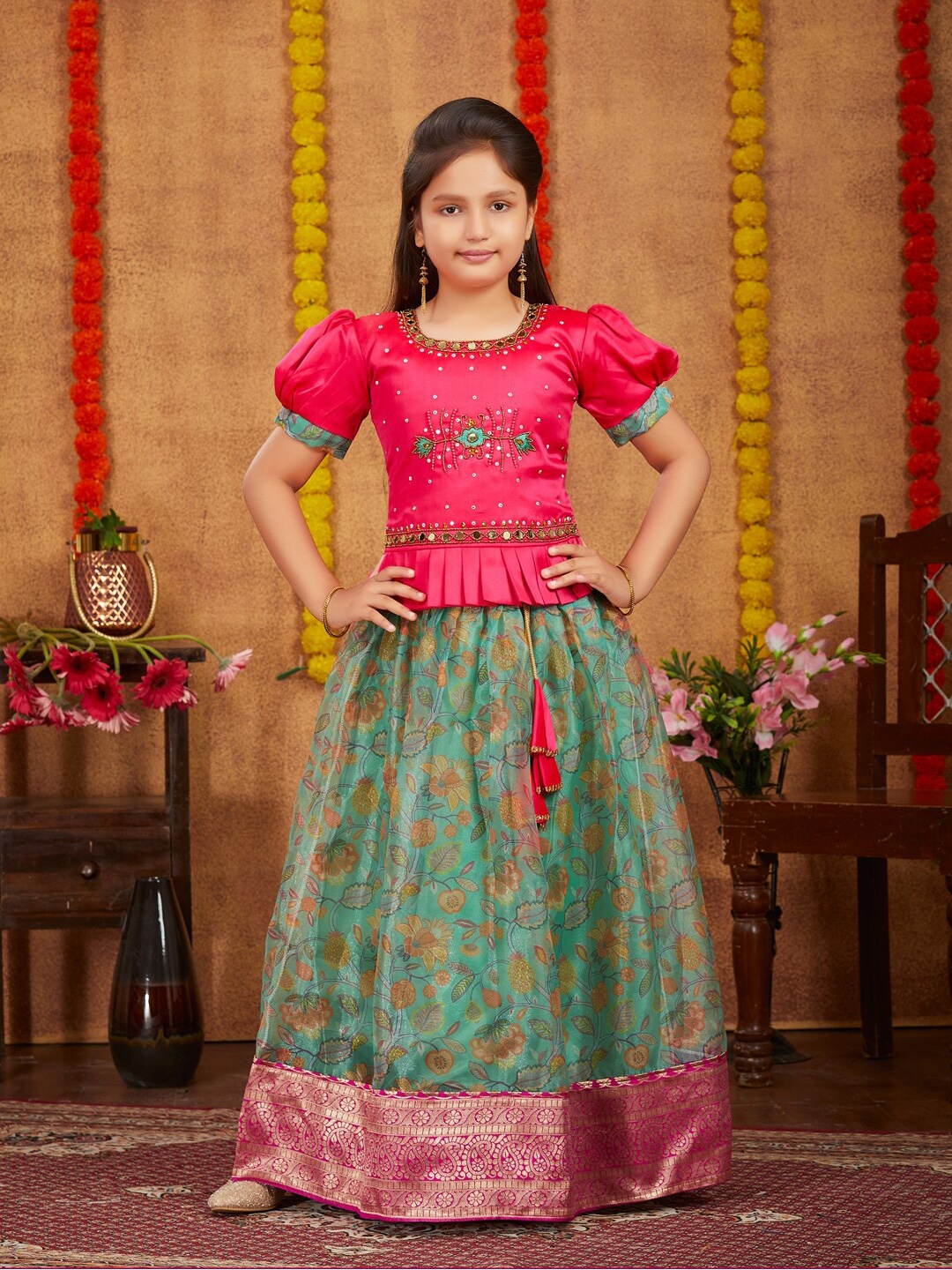 

BAESD Girls Ethnic Motifs Embroidered Ready To Wear Lehenga Choli, Pink