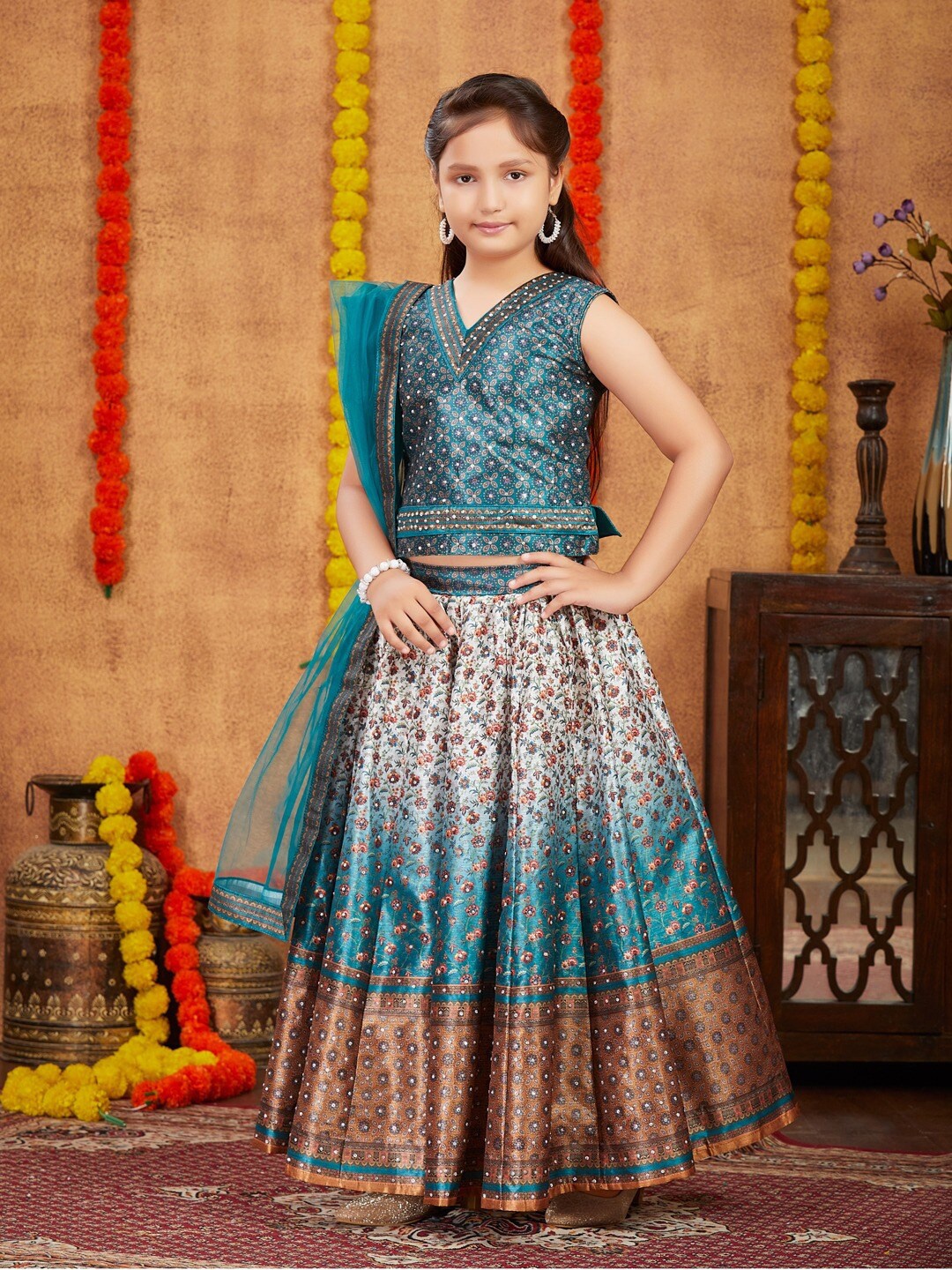 

BAESD Girls Printed Ready to Wear Lehenga & Blouse With Dupatta, Sea green