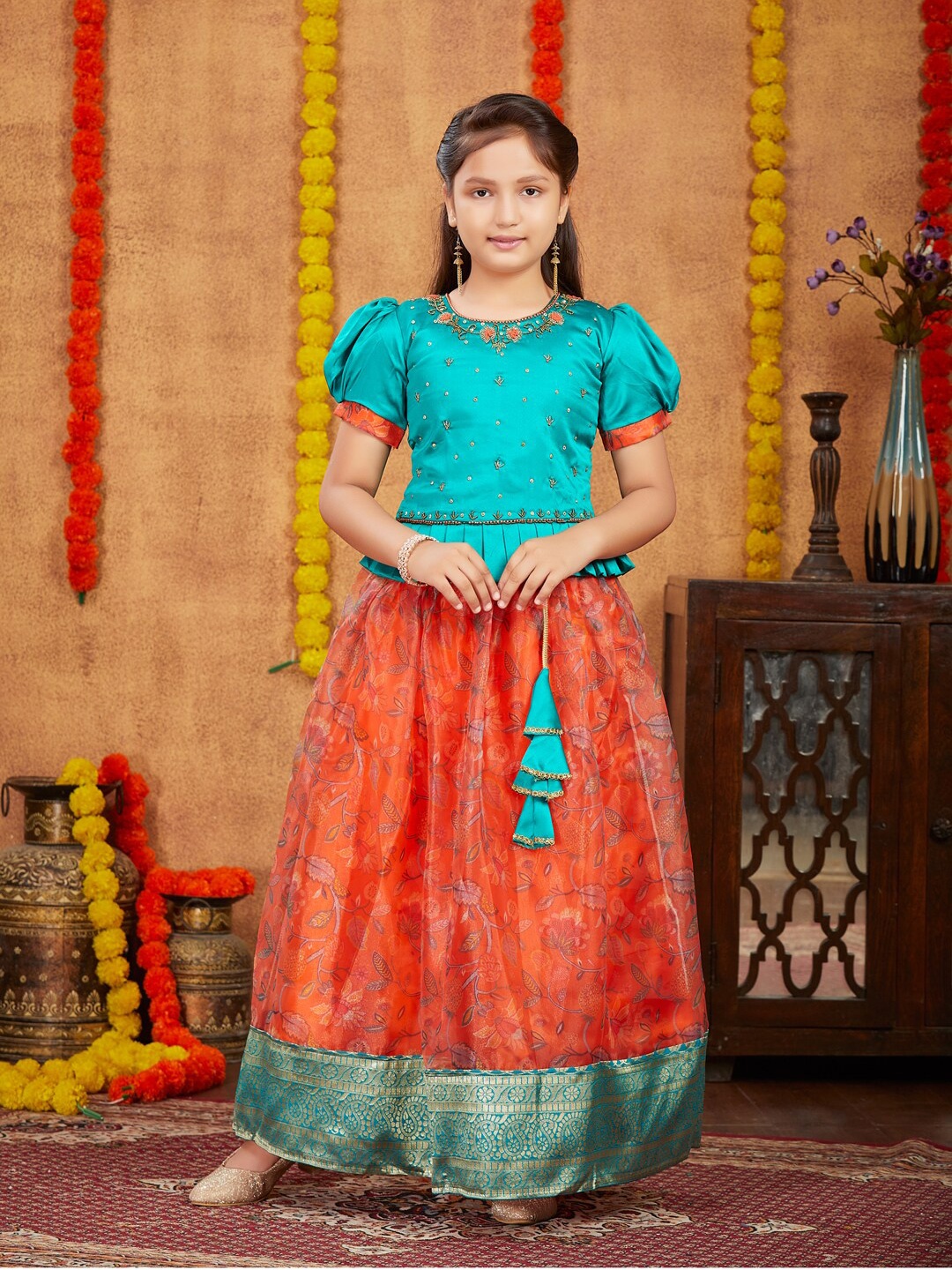 

BAESD Girls Emboidered Beads & Stones Detailed Organza Ready to Wear Lehenga With Choli, Blue