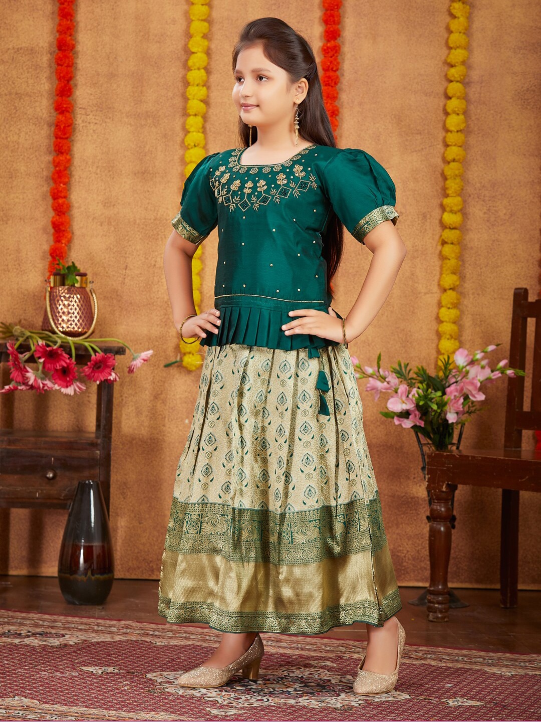 

BAESD Girls Emboidered Beads & Stones Detailed Silk Ready to Wear Lehenga With Choli, Green