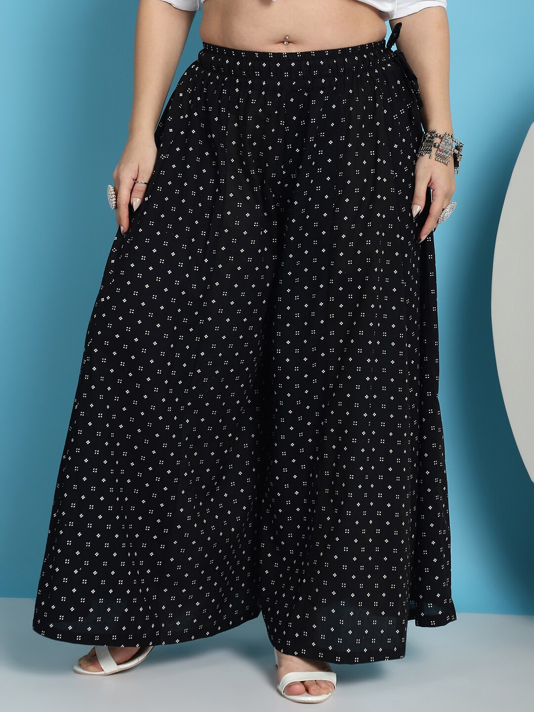 

TAG 7 Floral Printed Flared Pure Cotton Palazzos, Black