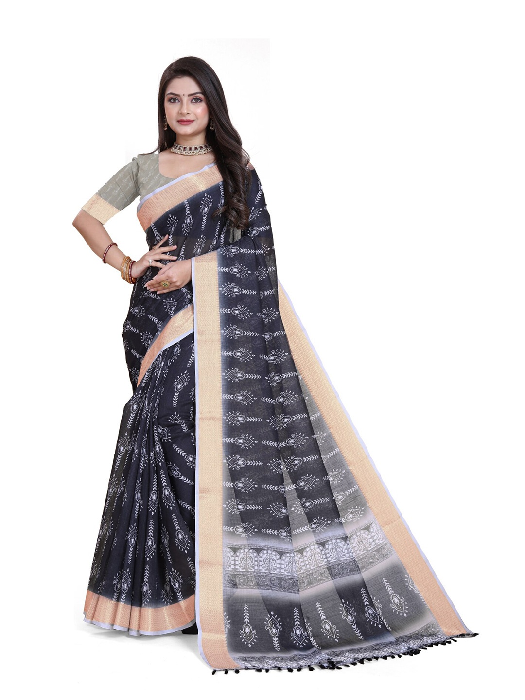 

SANJANA SILK Zari Linen Blend Chanderi Saree, Black
