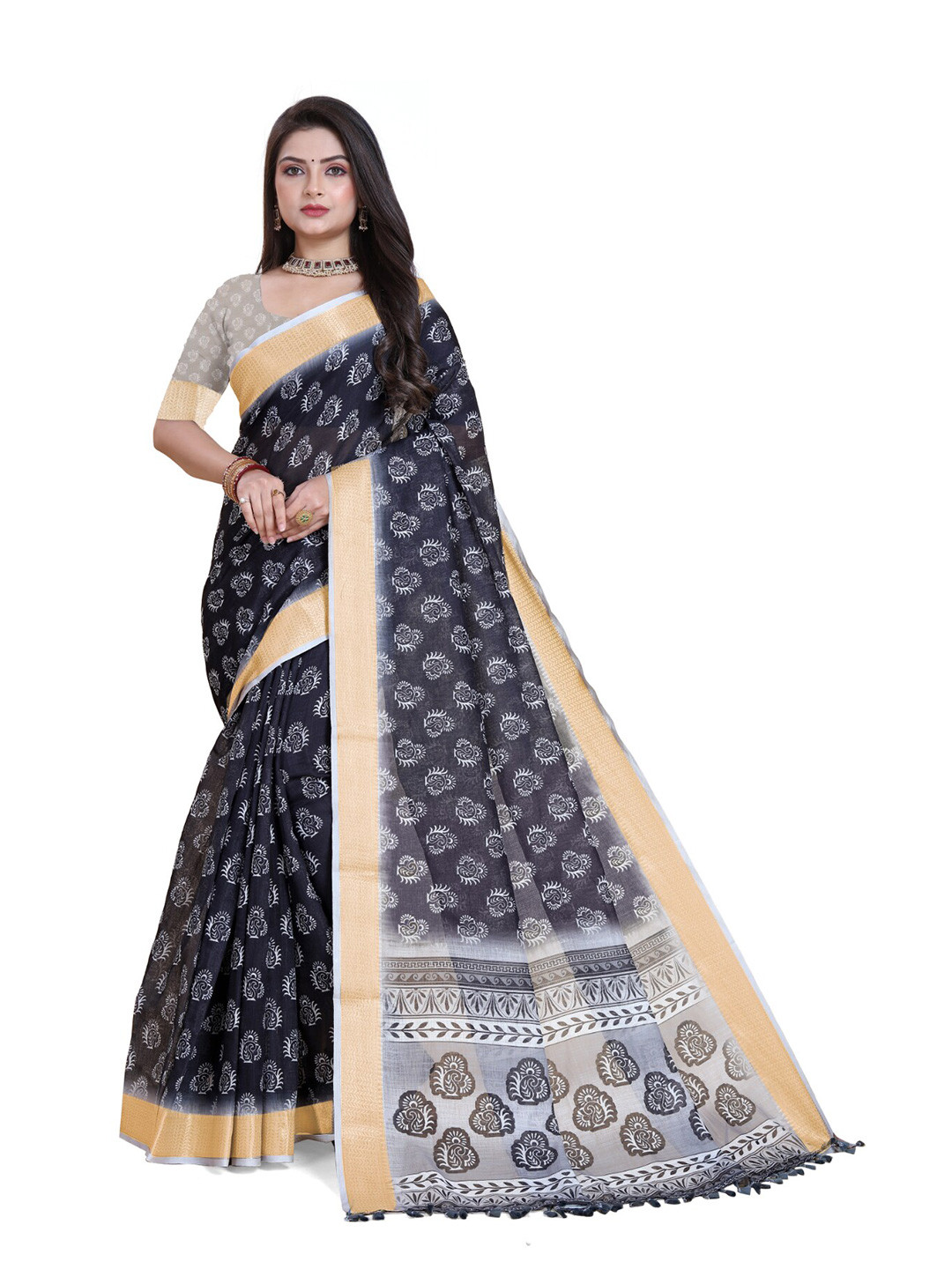 

SANJANA SILK Floral Printed Zari Chanderi Saree, Black