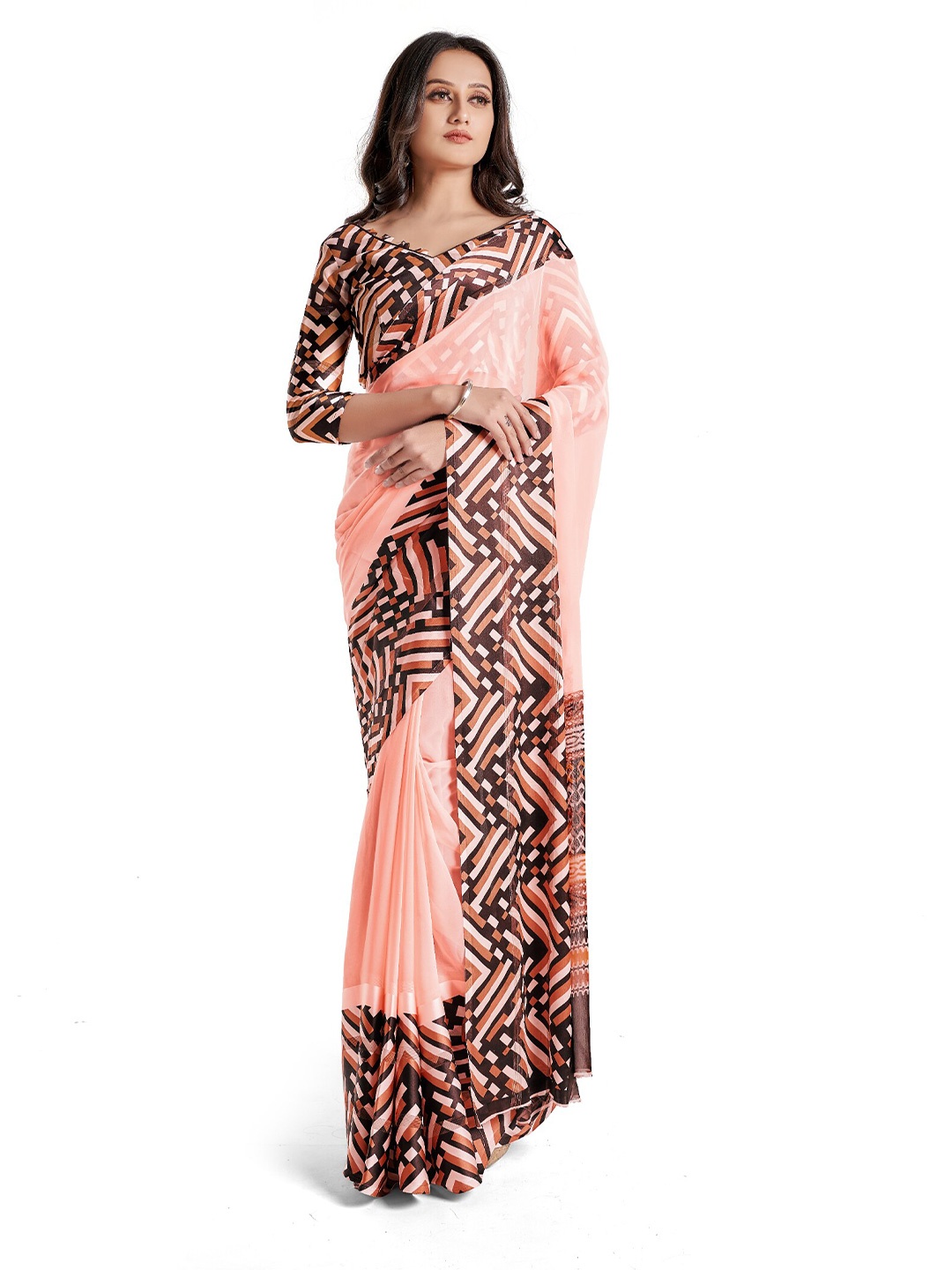 

SANJANA SILK Geometric Printed Satin Saree, Peach