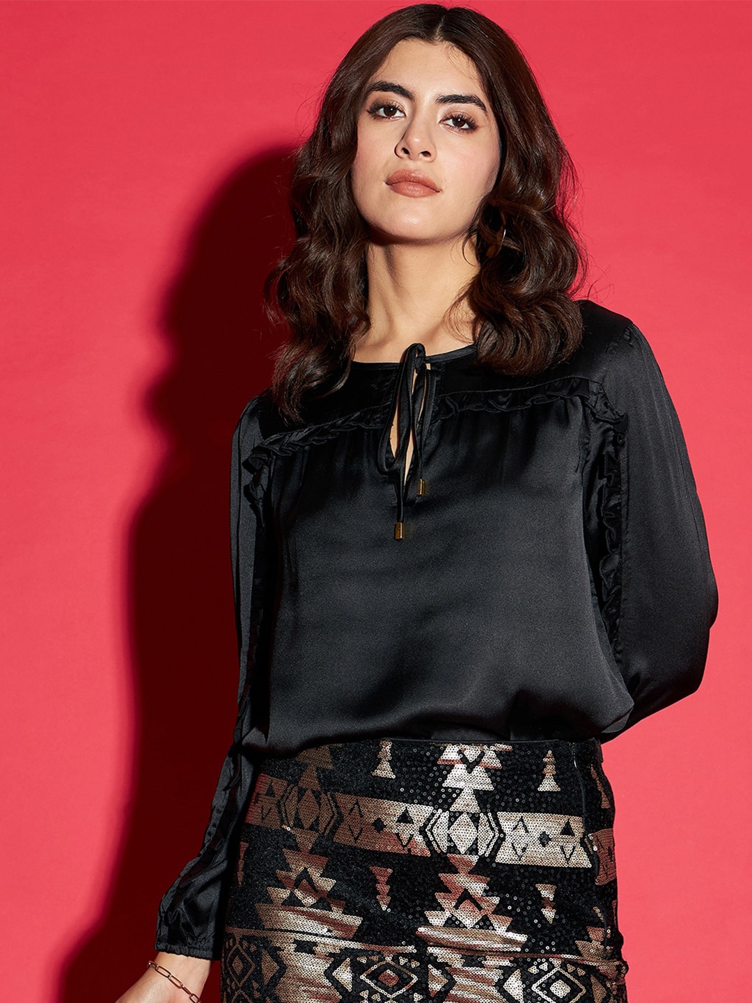 

URBANGRACE BY KASSUALLY Tie-Up Neck Cuffed Sleeves Satin Top, Black