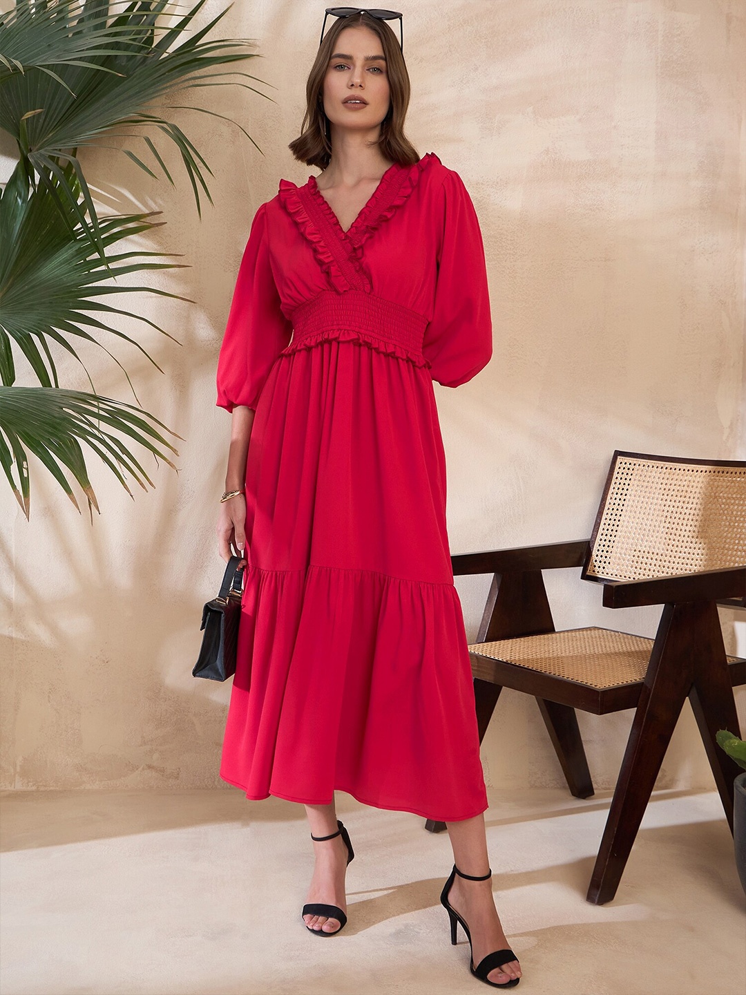 

KASSUALLY Ruffled A-Line Midi Dress, Red