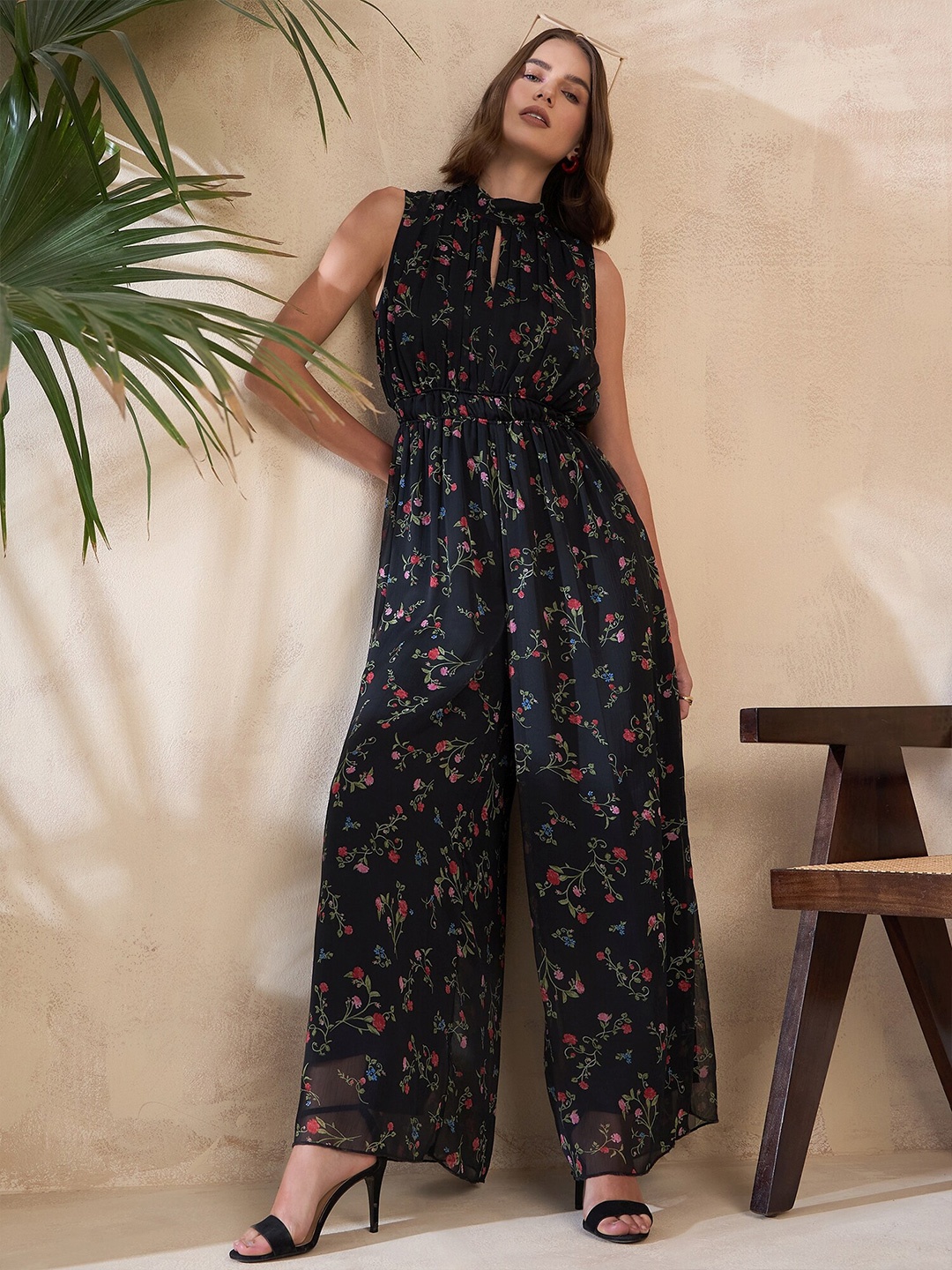 

KASSUALLY Floral Printed Keyhole Neck Basic Jumpsuit, Black