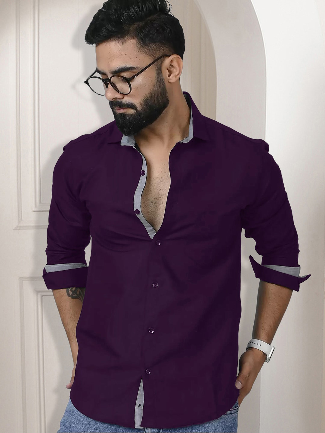 

Ethnic basket Standard Spread Collar Curved Cotton Casual Shirt, Purple