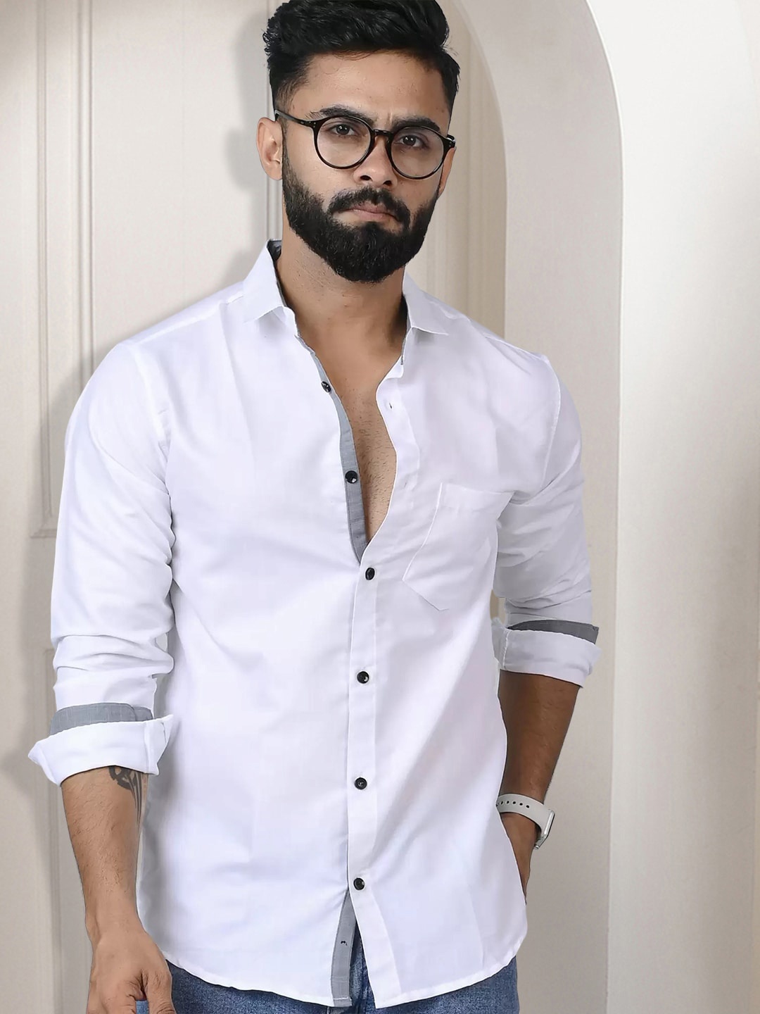 

Ethnic basket Standard Spread Collar Curved Cotton Casual Shirt, White