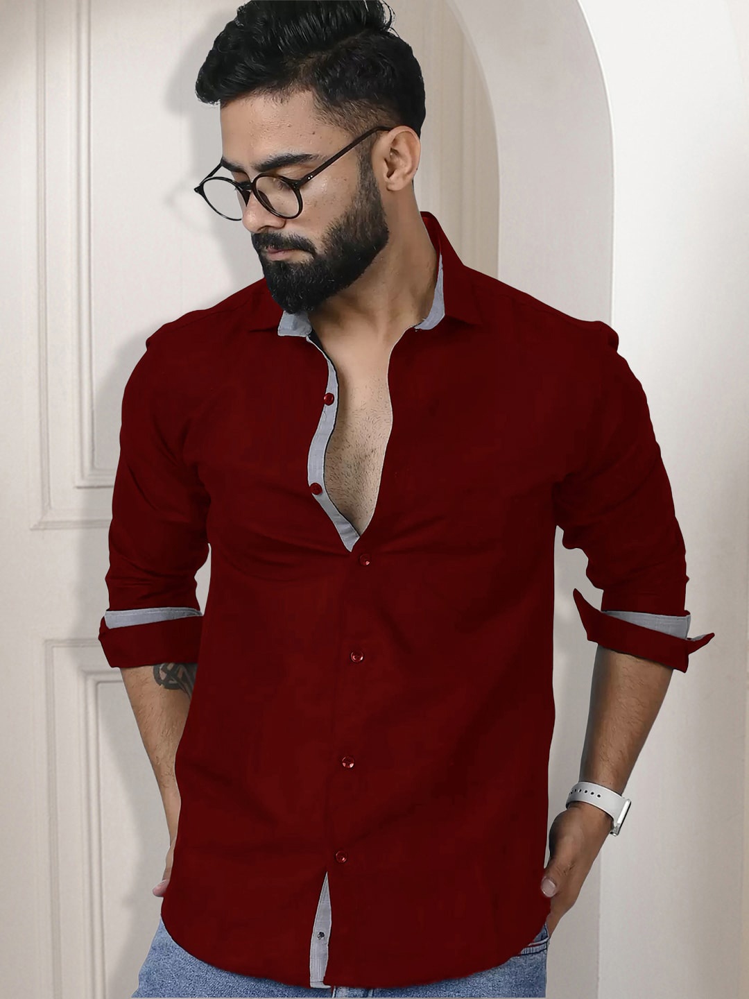 

Ethnic basket Standard Spread Collar Long Sleeves Cotton Casual Shirt, Red