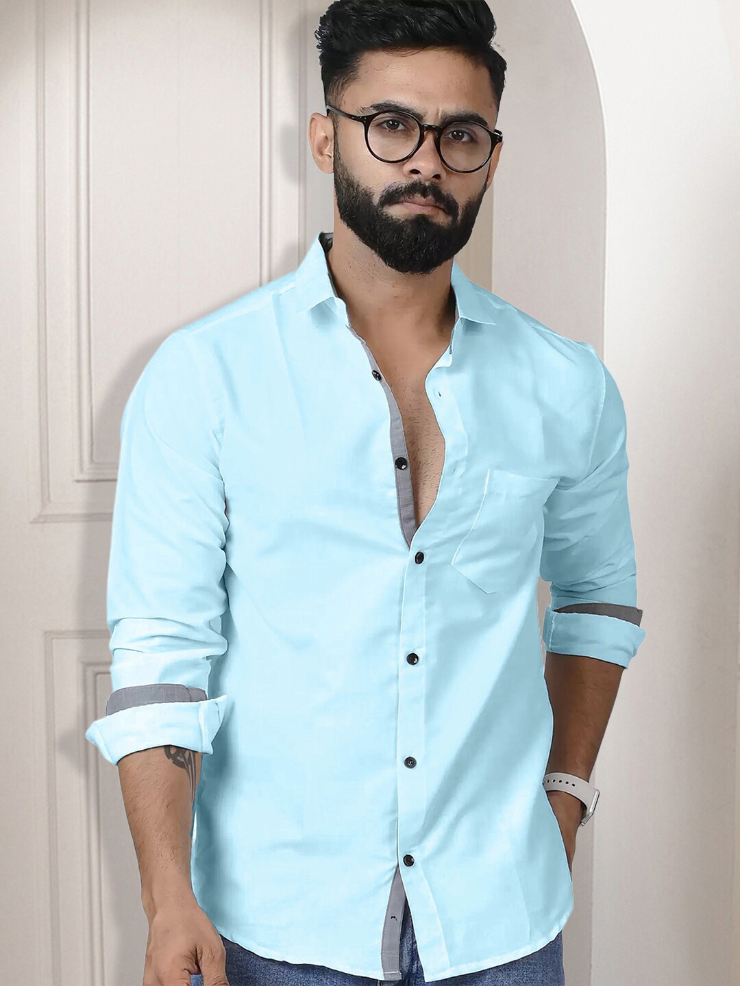 

Ethnic basket Standard Spread Collar Curved Cotton Casual Shirt, Blue
