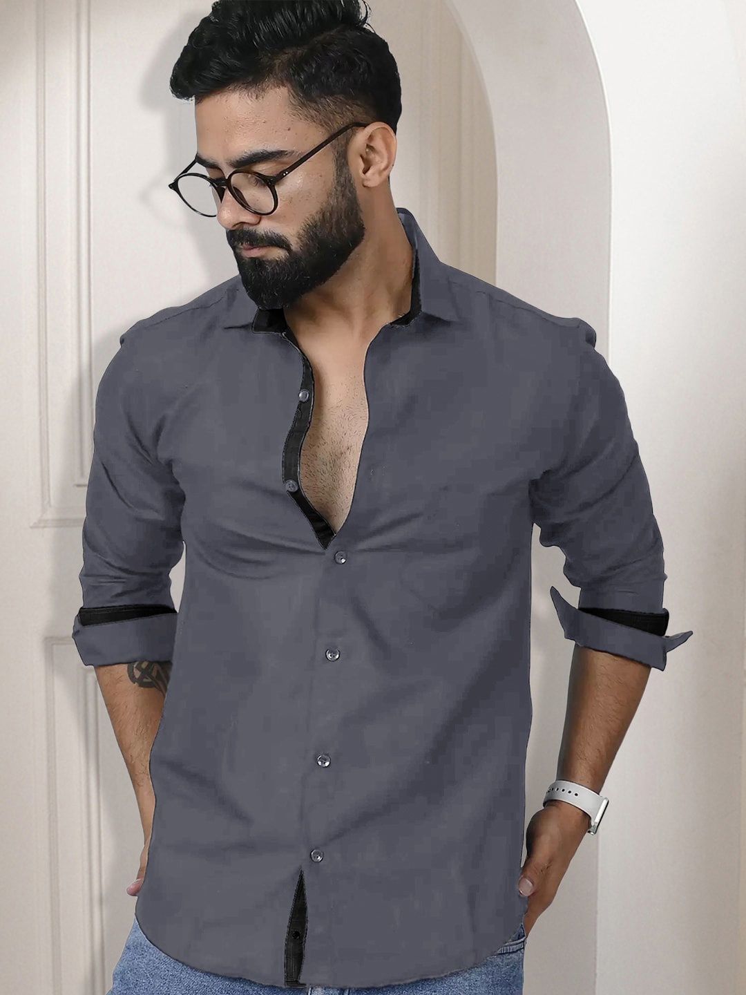 

Ethnic basket Standard Spread Collar Curved Cotton Casual Shirt, Grey