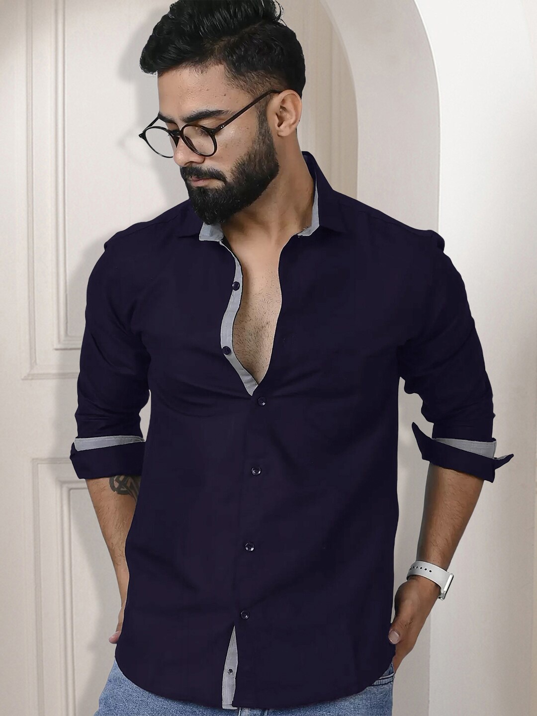 

Ethnic basket Standard Spread Collar Curved Cotton Casual Shirt, Black