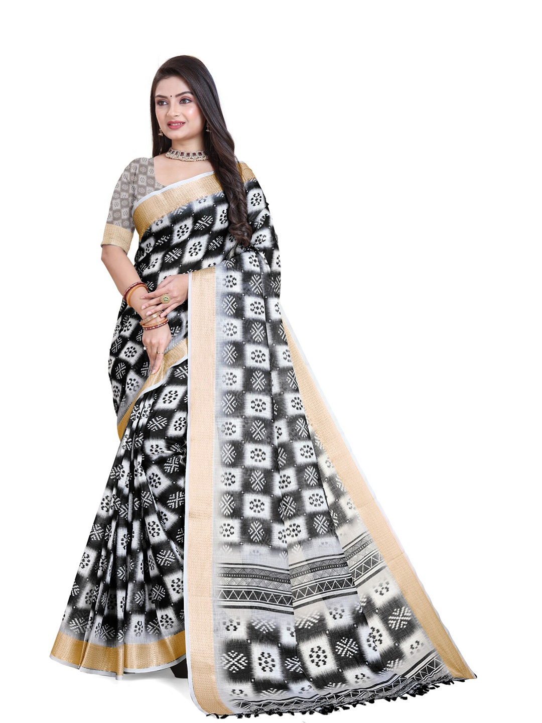 

Sanwariya Silk Ethnic Motifs Printed Chanderi Saree, Black