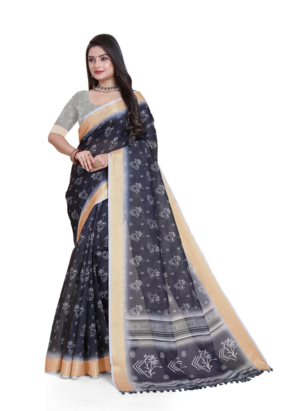 

Sanwariya Silk Floral Printed Zari Chanderi Saree, Black