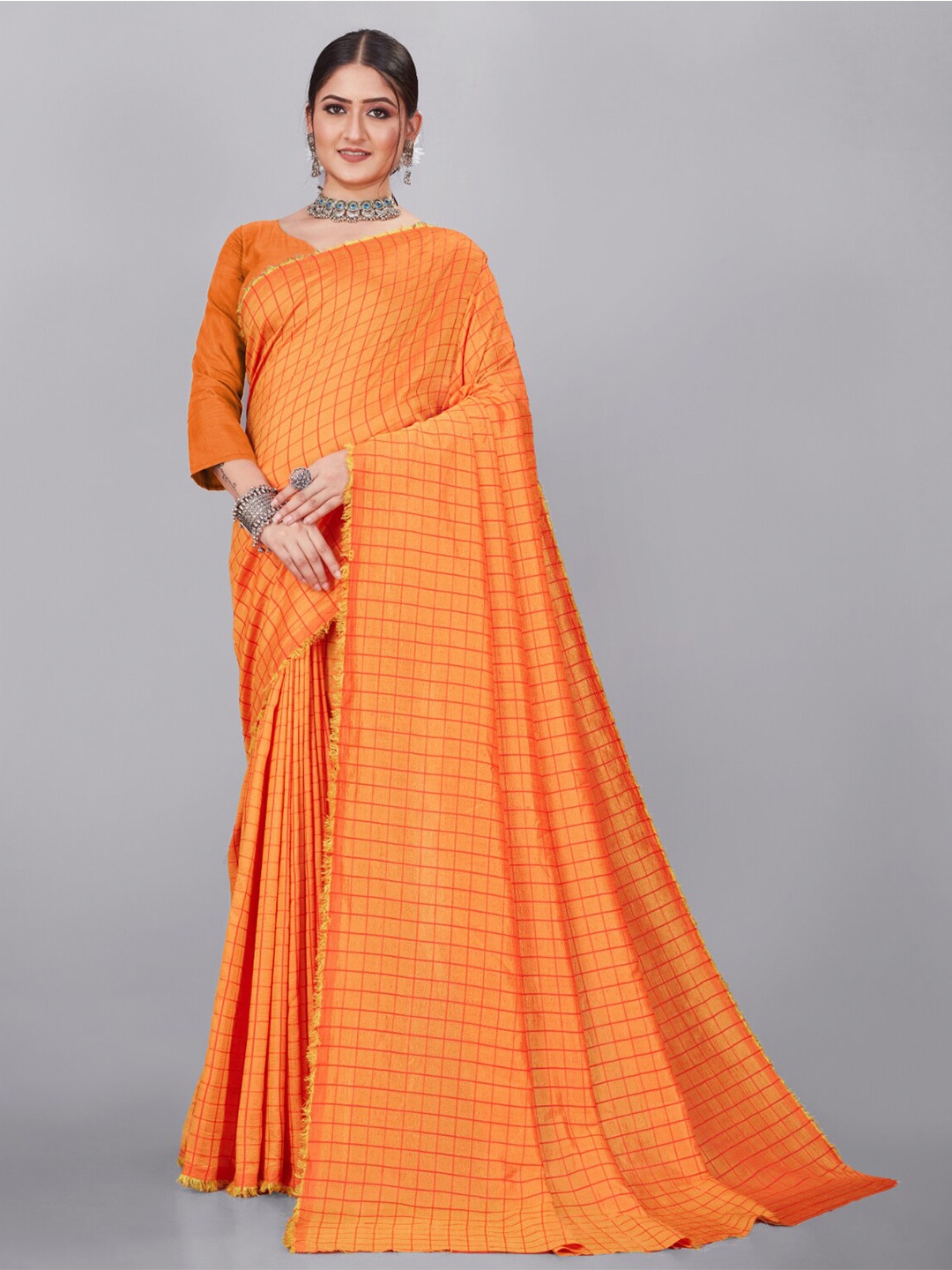 

Sanwariya Silk Checked Pure Georgette Saree, Orange