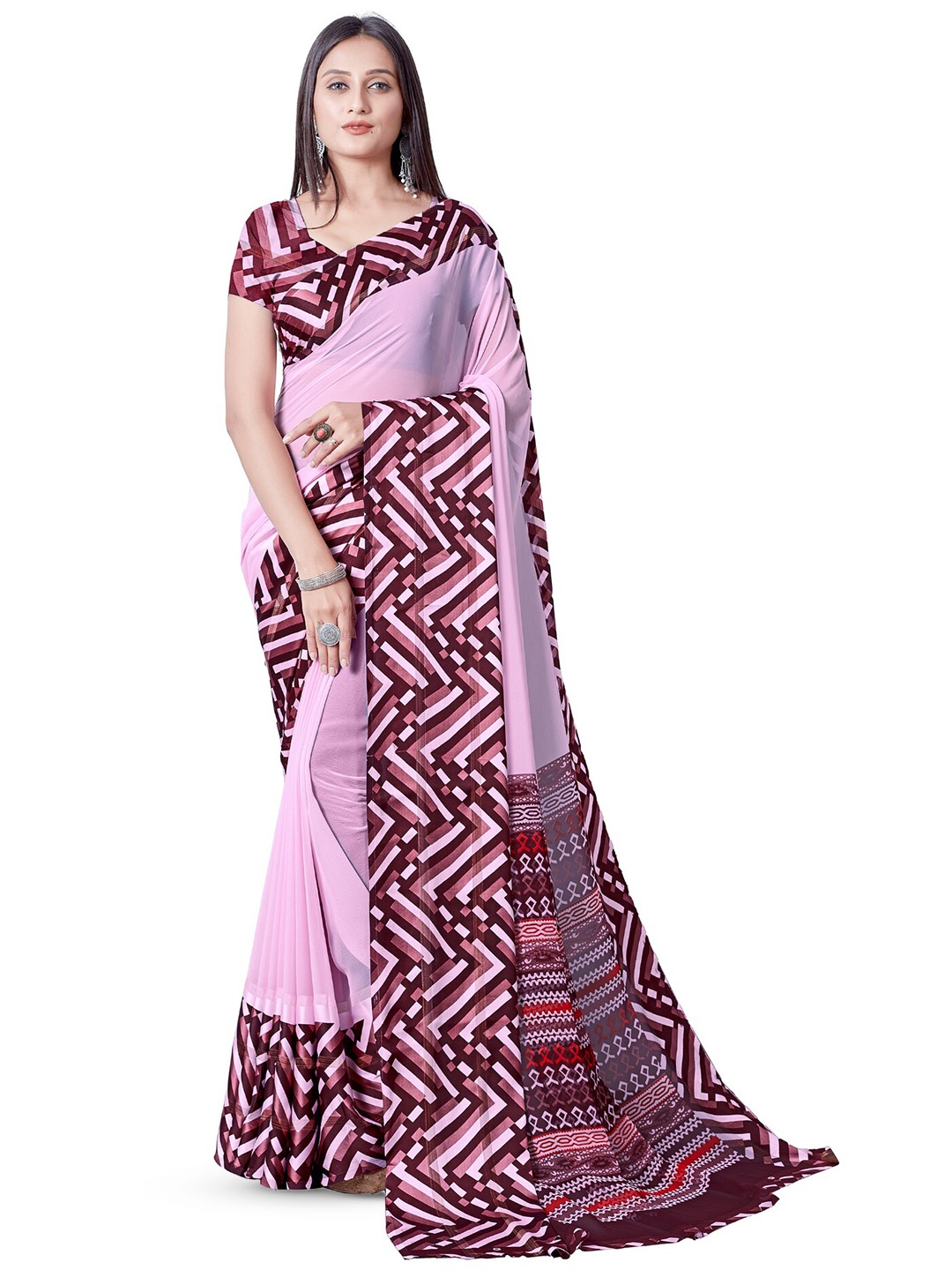 

Sanwariya Silk Geometric Printed Satin Saree, Pink