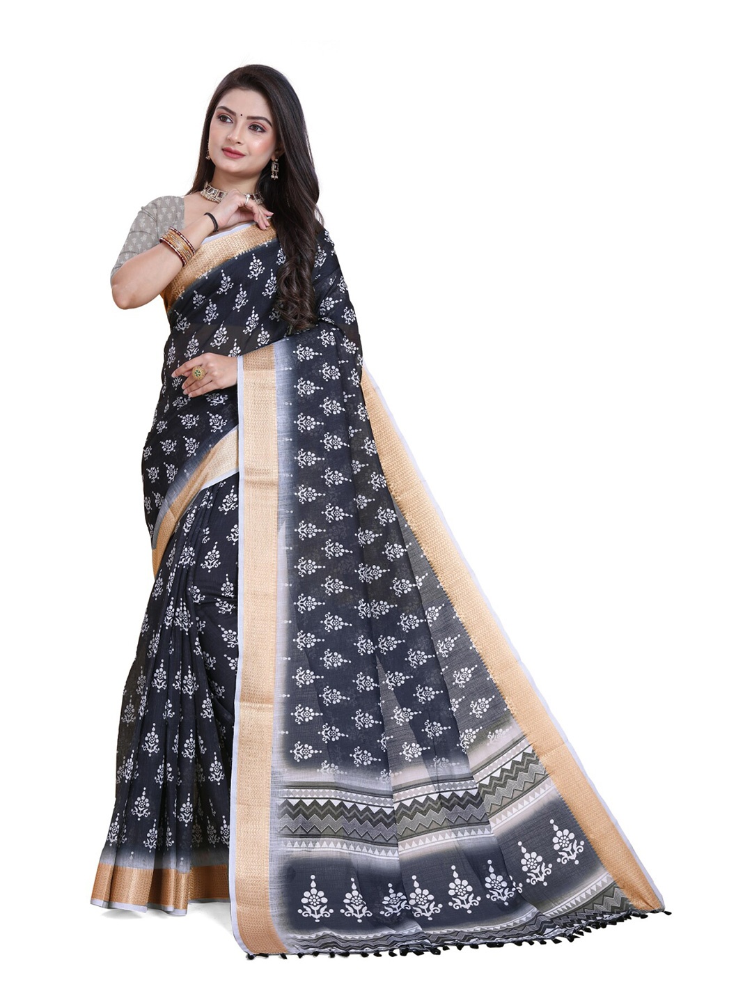 

Sanwariya Silk Zari Floral Printed Chanderi Saree, Black