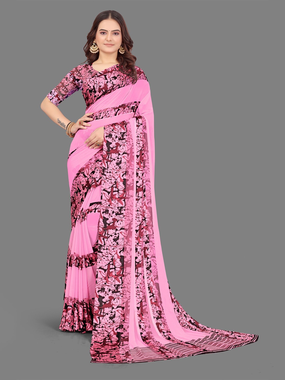 

Sanwariya Silk Abstract Printed Satin Saree, Pink