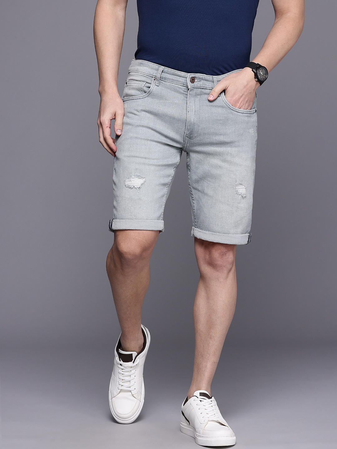 

Louis Philippe Jeans Men Washed Matt Slim Fit Distressed Denim Shorts, Grey