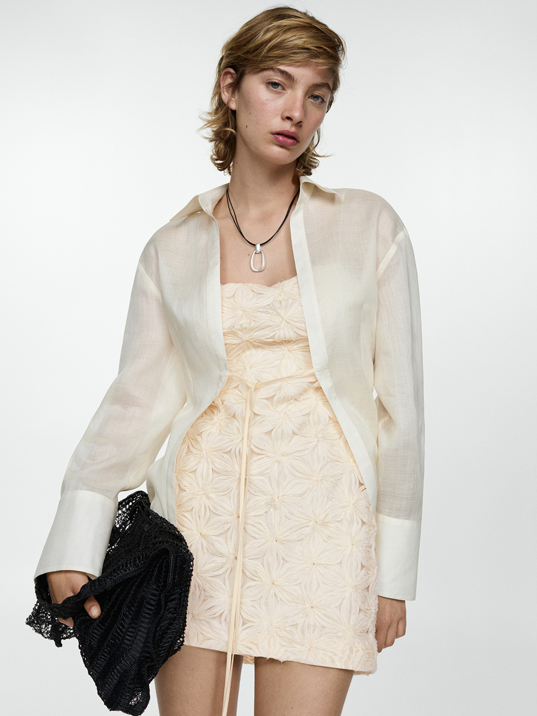 

MANGO Floral Textured Mini Dress, Cream