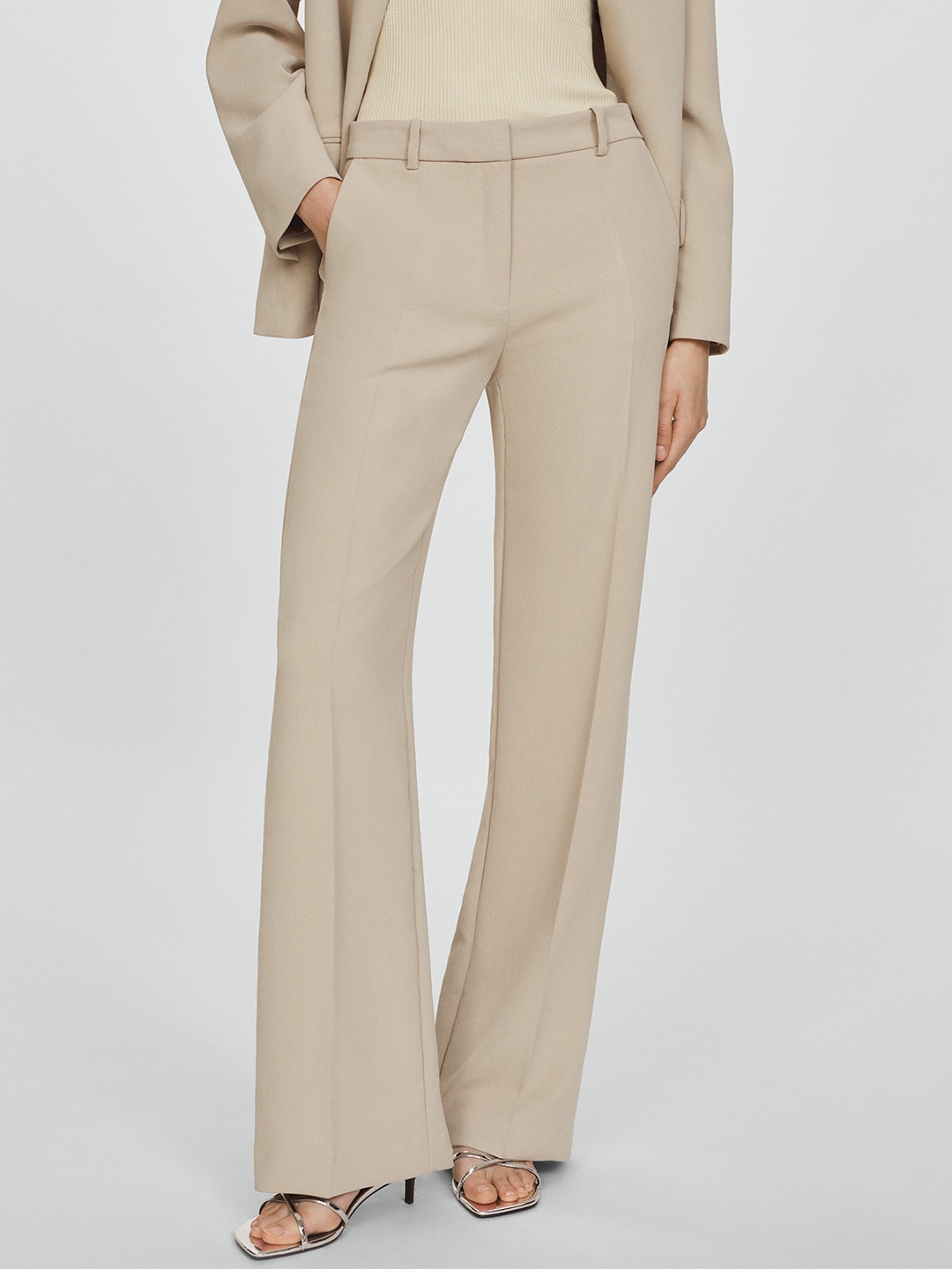 

MANGO Women High-Rise Wide Leg Trousers, Beige