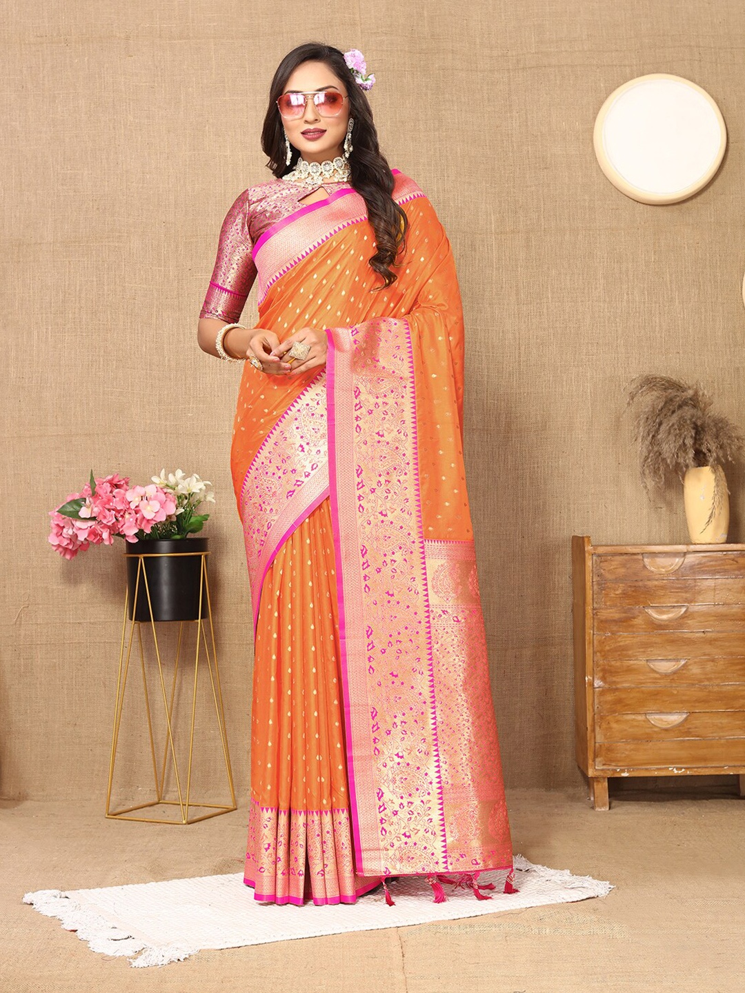 

Mitera Floral Woven Design Zari Banarasi Saree, Orange