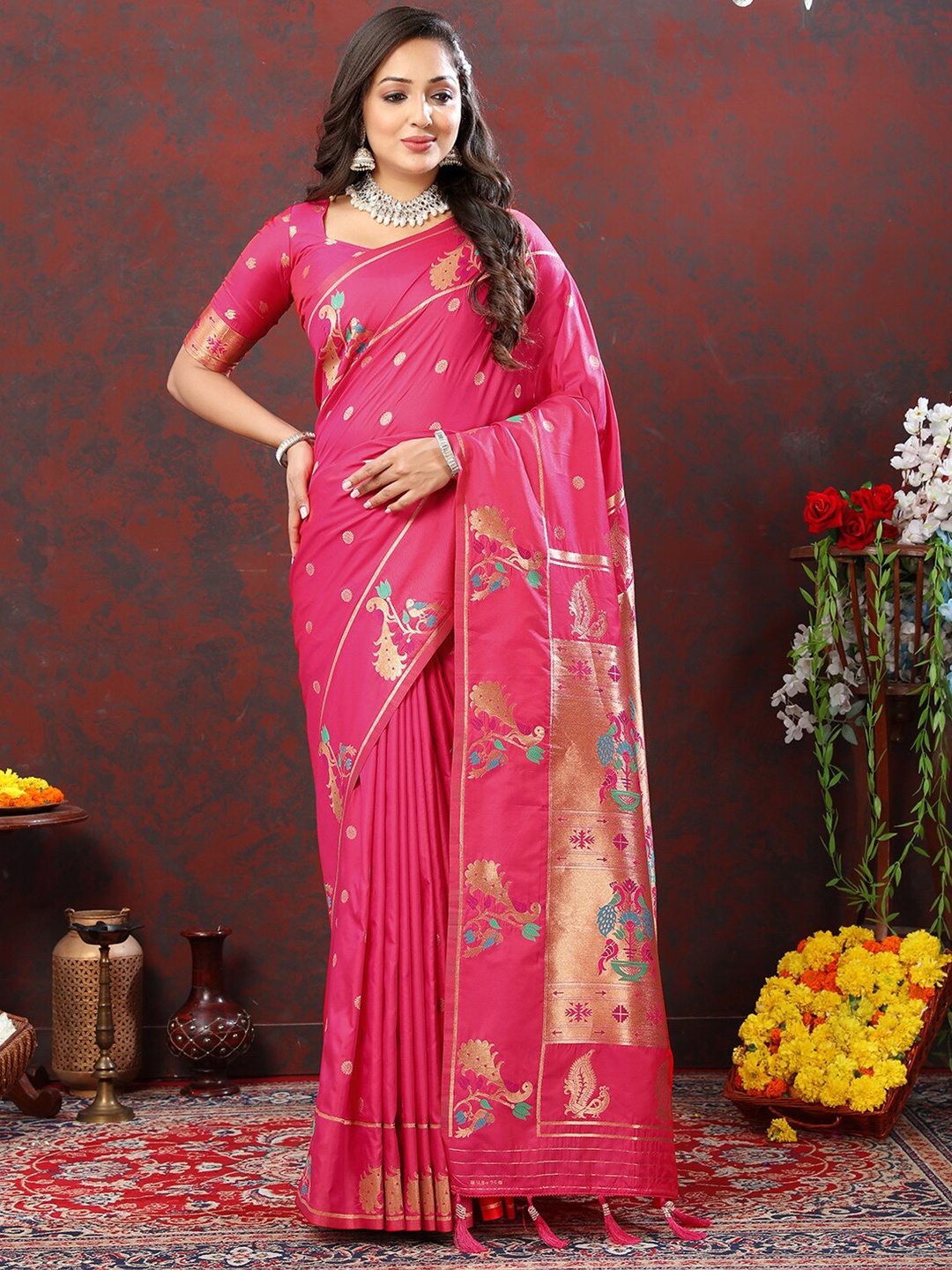 

Mitera Ethnic Motifs Woven Design Zari Paithani Saree, Pink