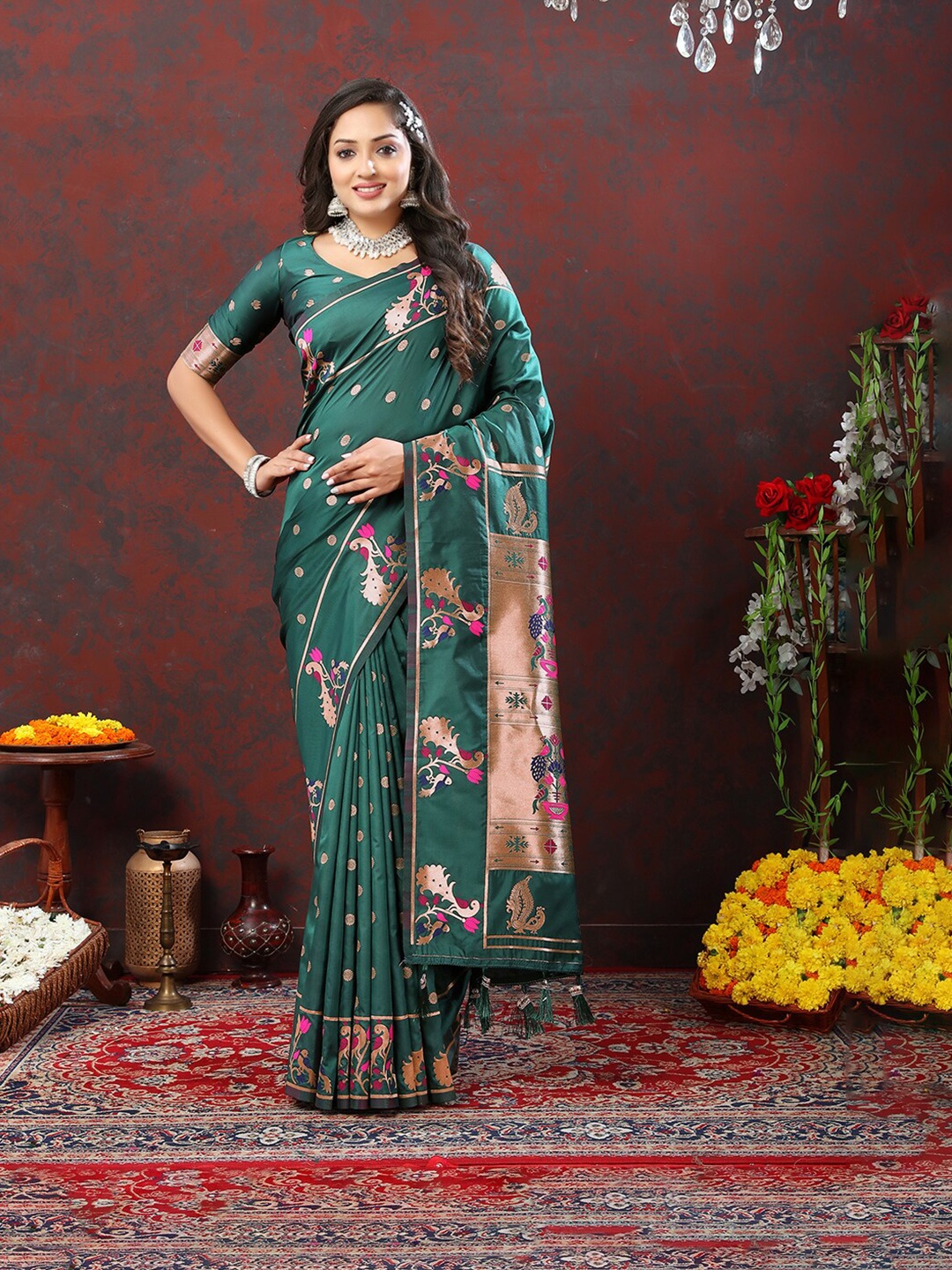 

Mitera Ethnic Motifs Woven Design Zari Paithani Saree, Green