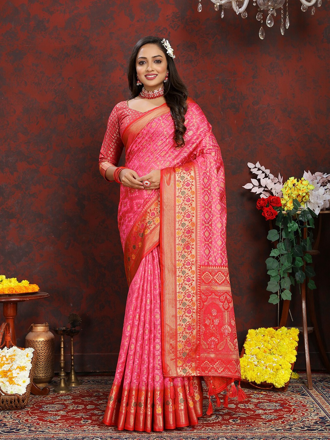 

Mitera Ethnic Motifs Zari Woven Design Designer Banarasi Saree with Tassels, Pink